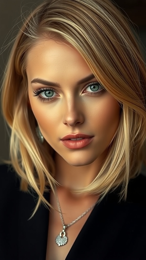 A woman with champagne blonde hair featuring face-framing highlights, showcasing a modern and fresh look.