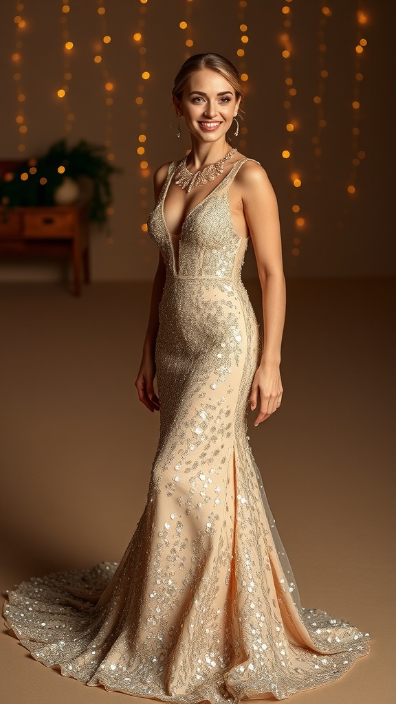 A woman wearing a champagne sequin long sleeve maxi dress with a train, smiling at the camera.
