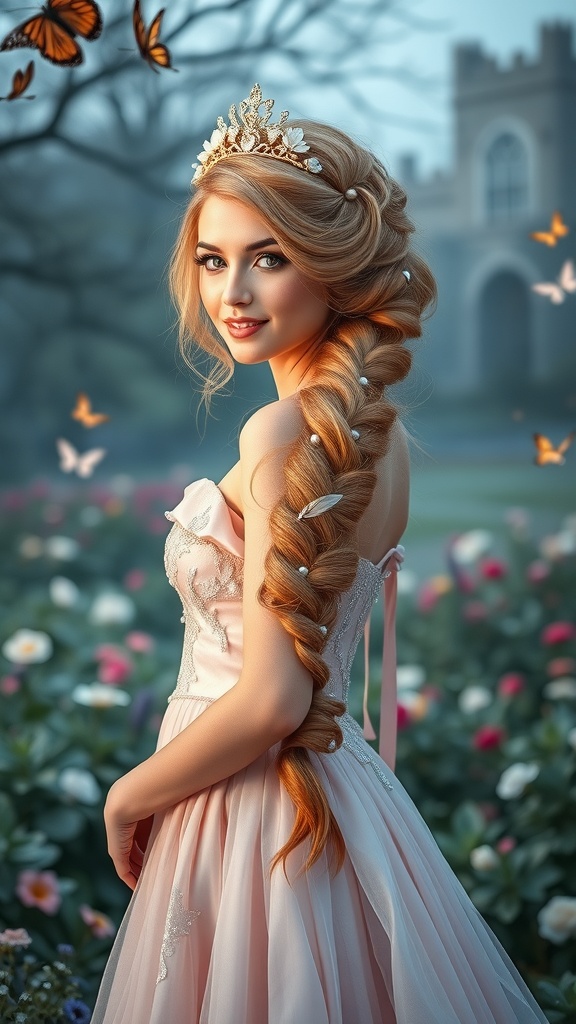 A woman with a charming side braid adorned with beads, wearing a pink dress and a tiara, surrounded by flowers and butterflies.