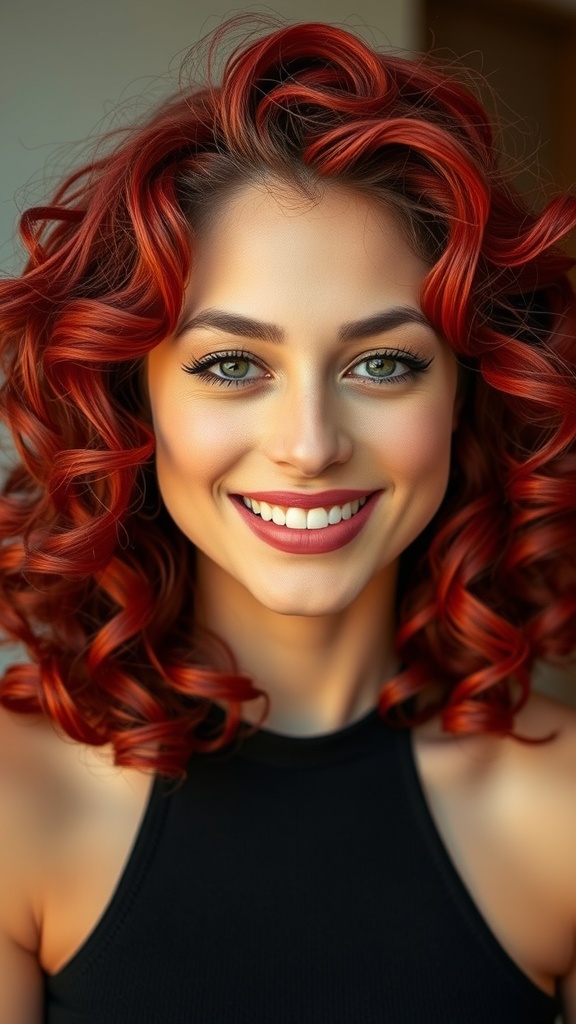 A woman with cherry red curly hair styled in a side part, smiling brightly.