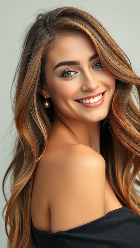 A woman with chestnut brown waves and caramel highlights, smiling warmly.