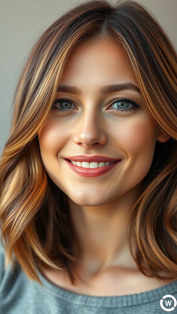 A woman with chestnut brown hair featuring golden highlights, smiling softly.