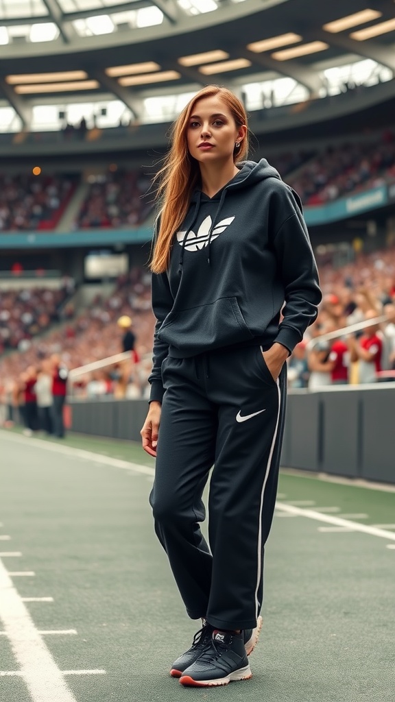 A woman in a black hoodie and joggers stands on a football field, showcasing a chic athleisure outfit.