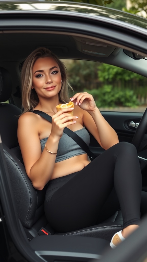 A woman in a car wearing black leggings, a crop top, and a plaid shirt, enjoying a drink with a scenic view outside.