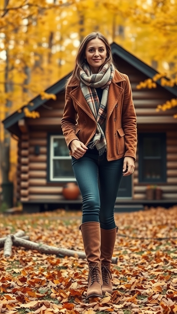 A person wearing a navy puffer jacket and a matching beanie, sitting outdoors in a snowy cabin setting.