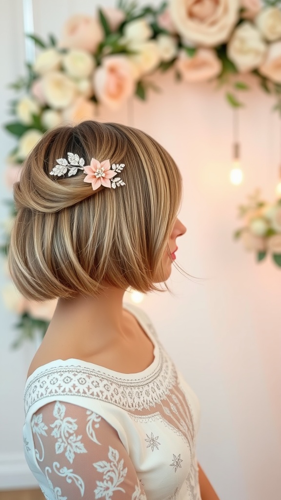 A chic bob hairstyle with floral hair accessories, perfect for wedding guests.