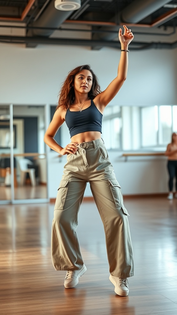 A woman dancing in a crop top and wide-leg cargo pants, showcasing a stylish hiphop dance outfit.