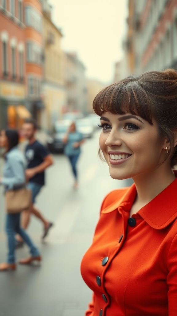 A woman with a chic flip hairstyle and bangs, smiling in a vintage-inspired outfit.
