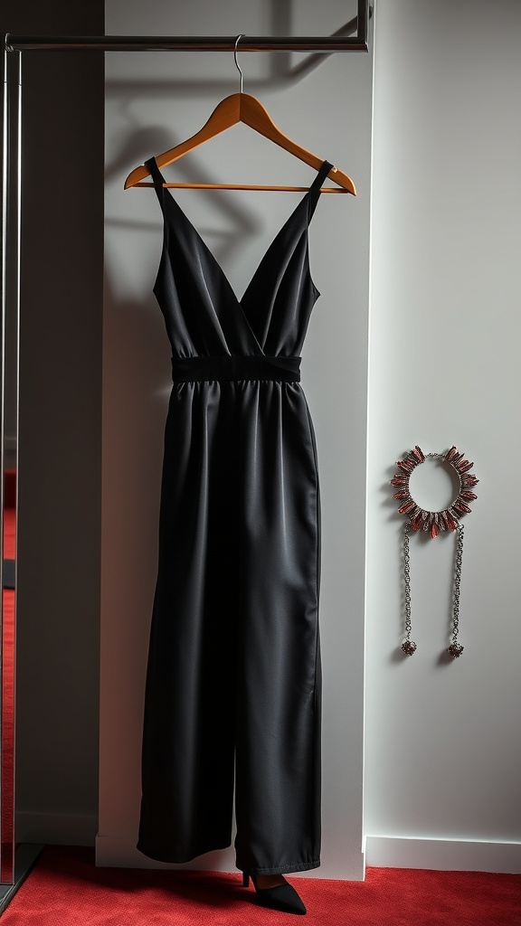 A sleek black jumpsuit on a hanger, showcasing a modern design with a deep V-neck and wide legs, perfect for a red carpet event.