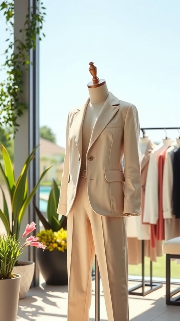 A chic linen blazer displayed on a mannequin, paired with tailored trousers, set in a bright, airy space.
