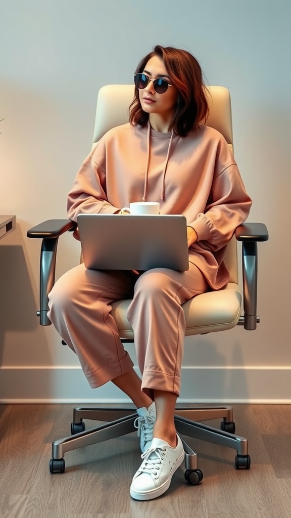 A person in a cozy loungewear set, sitting in a modern office chair with a laptop and a cup, showcasing a comfy office outfit.