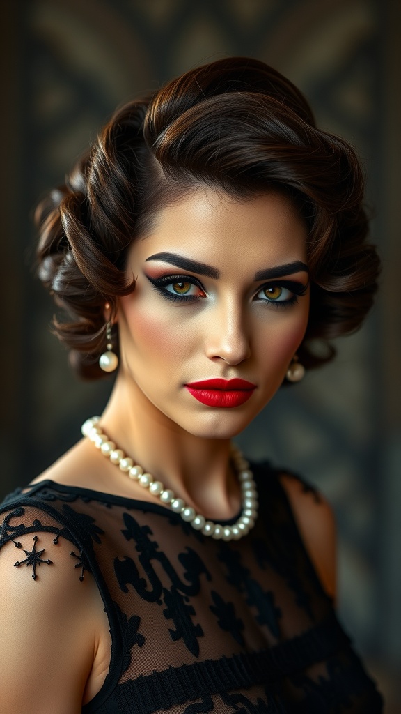 A woman with chic Marcel waves hairstyle, wearing bold makeup and pearls, exuding vintage glam.