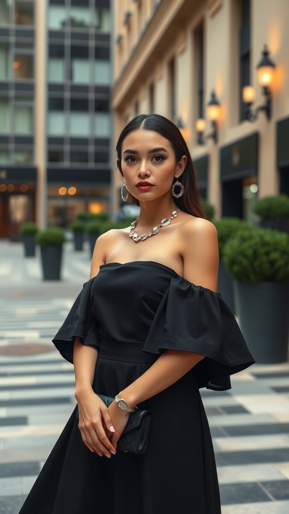 A woman in an off-the-shoulder black dress with flowing sleeves, accessorized with statement earrings and a bracelet, standing in an elegant outdoor setting.