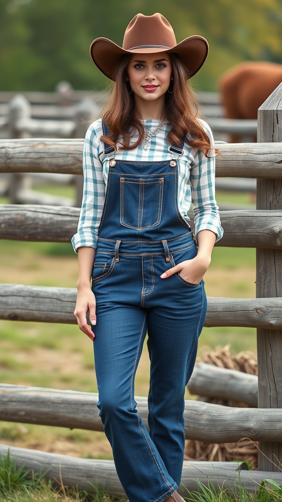 A woman wearing denim overalls and a checkered top, standing in front of a wooden fence, showcasing a cowgirl style.