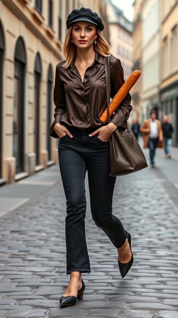 A woman wearing an oversized blazer and baggy jeans, styled casually with sunglasses and sleek shoes.