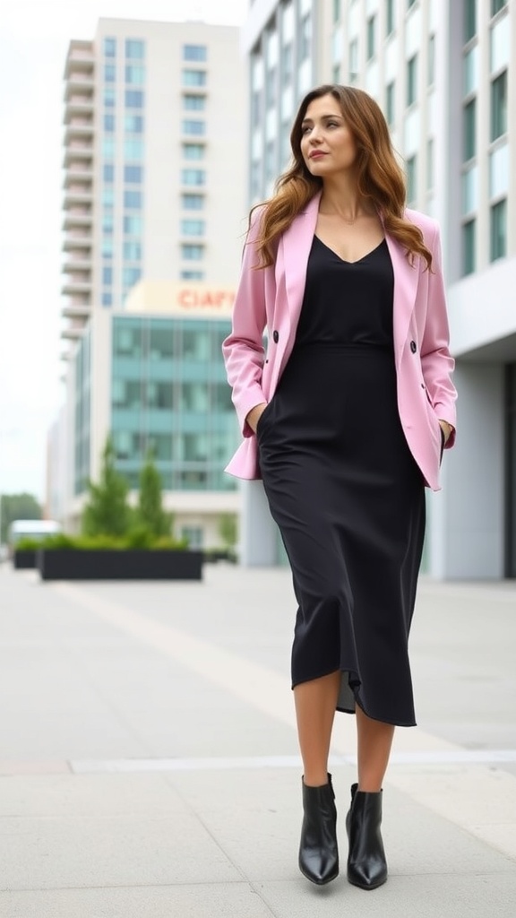 A woman wearing a pink blazer over a black midi dress, walking confidently in an urban setting.