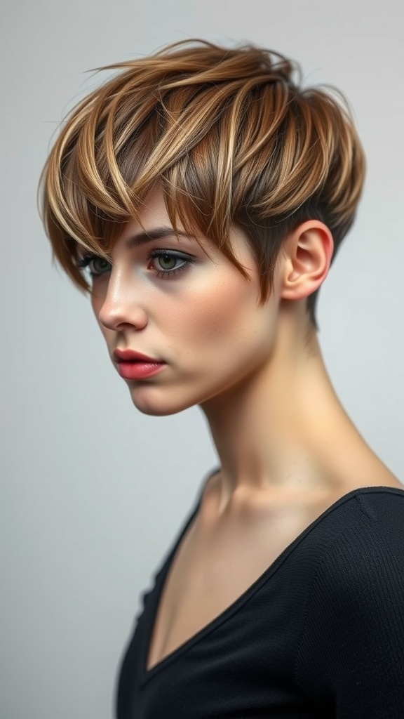A woman with a chic pixie cut featuring light chocolate brown hair, showcasing subtle brown shades.