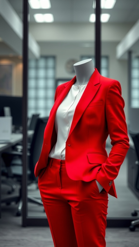 Chic red blazer with tailored trousers displayed on a mannequin in an office setting.