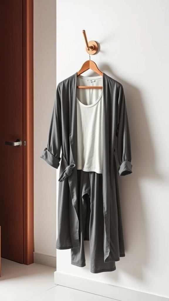 A chic gray robe hanging over a simple tank top and matching bottoms on a wall hook.