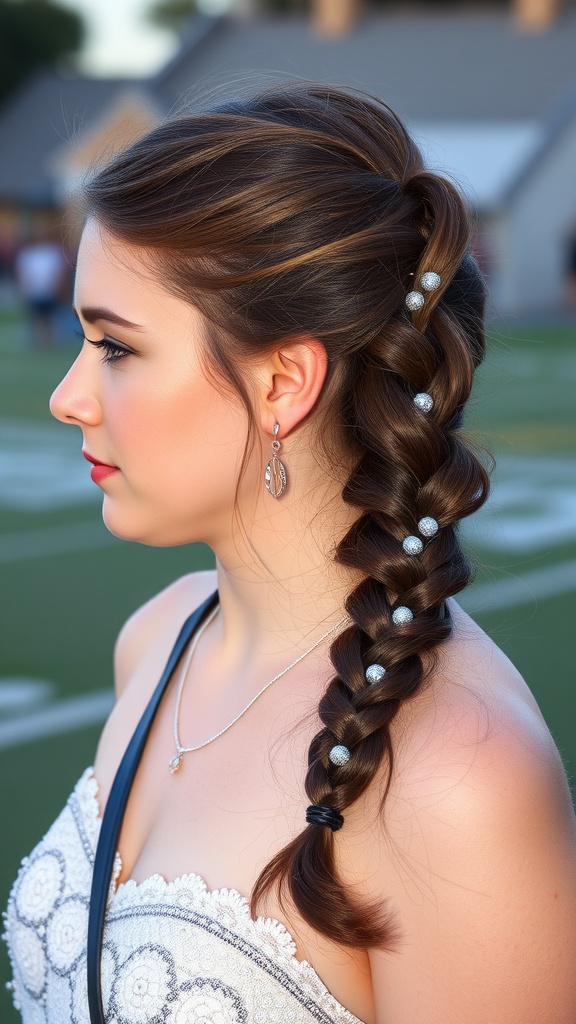A young woman with a chic side braid adorned with beads, showcasing a stylish look for homecoming night.