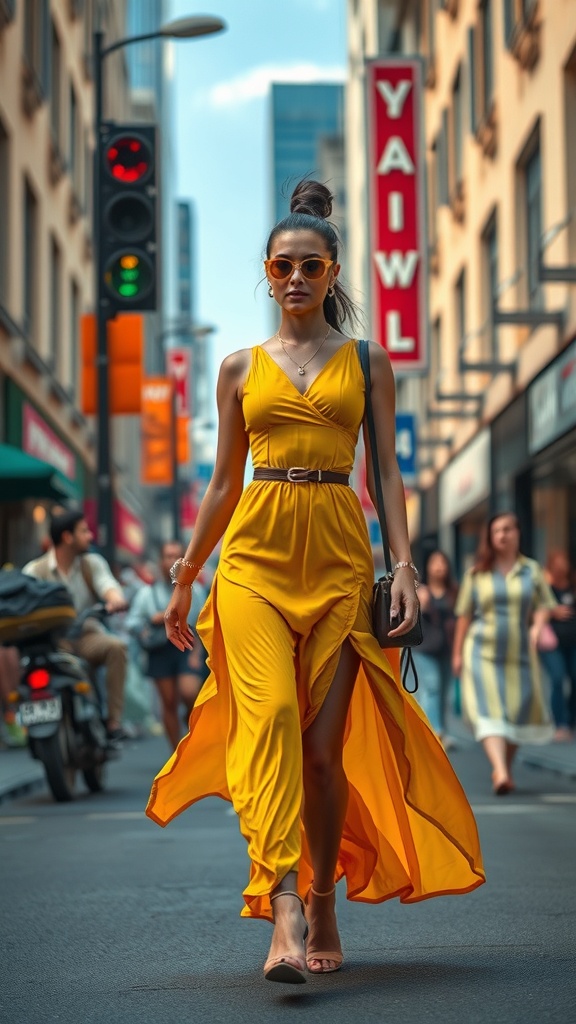 A woman wearing a butter yellow dress walking confidently on an urban street, showcasing chic street style.
