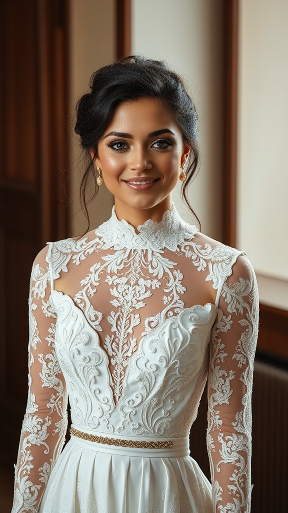 A bride wearing a chic vintage high neck lace long sleeve wedding dress with intricate detailing.