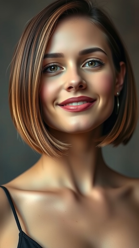 A woman with a chin-length bob hairstyle featuring caramel balayage highlights.