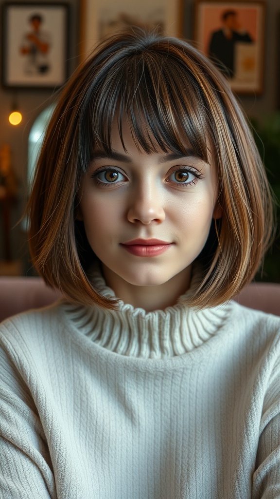 A woman with a chin-length bob haircut and curtain bangs, wearing a cozy sweater.