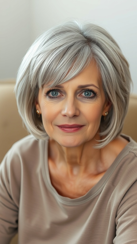 A woman with a chin-length feathered bob hairstyle, showcasing volume and style.