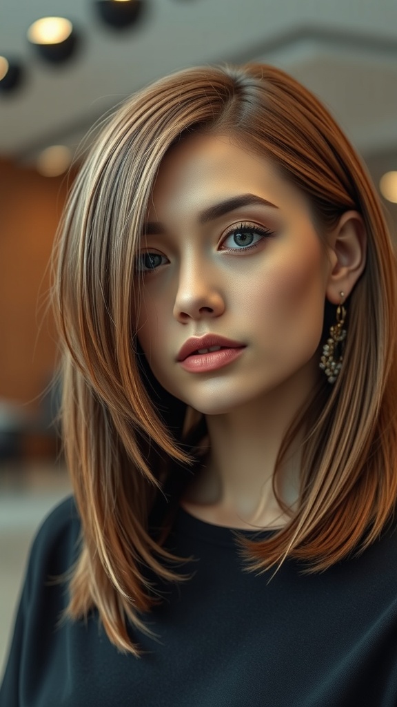 A woman with chin-length honey tea brown hair styled with a side part, showcasing a warm and luminous glow.