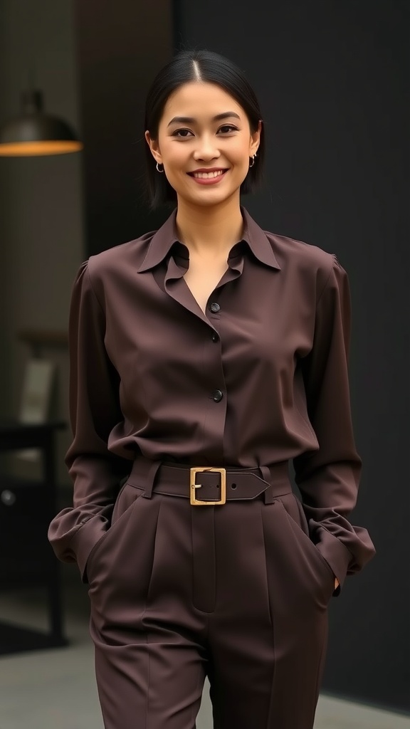 A woman wearing a chocolate brown long sleeve blouse and matching belted pants, smiling confidently.