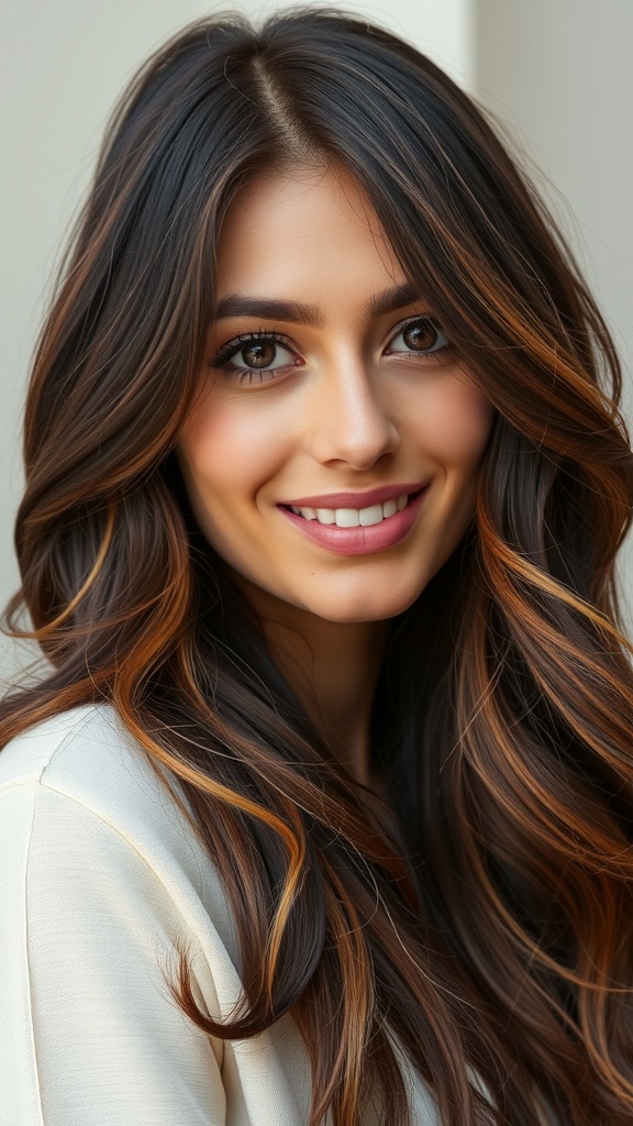 A woman with chocolate brown hair featuring auburn balayage highlights, smiling warmly.