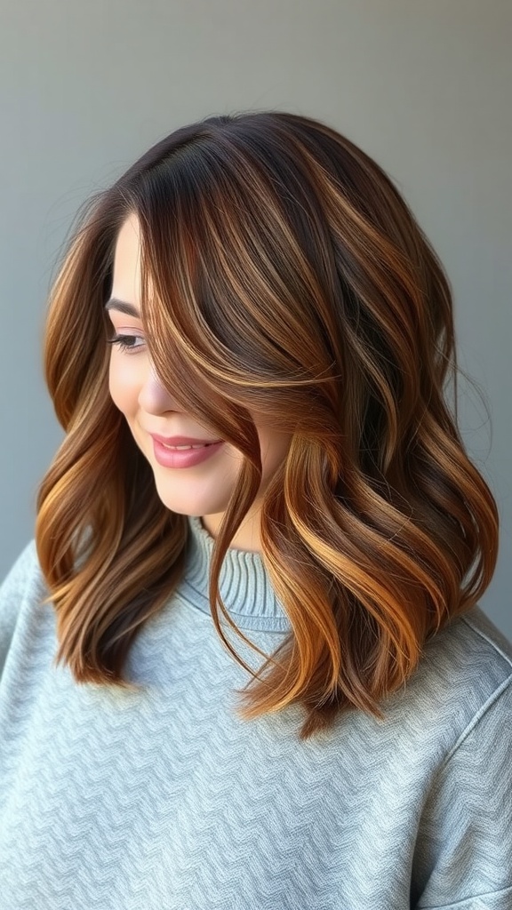 A woman with a chocolate copper lob hairstyle, featuring warm hair tones and soft waves.