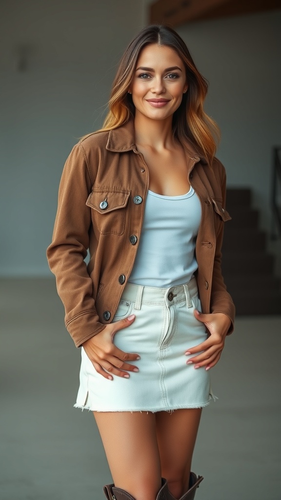 A woman wearing a chocolate shirt jacket and a white denim skirt, showcasing a stylish and neutral outfit.