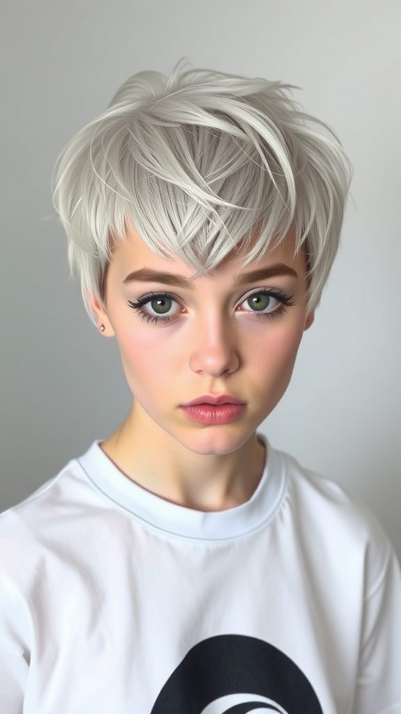 Choppy blonde pixie cut with baby bangs