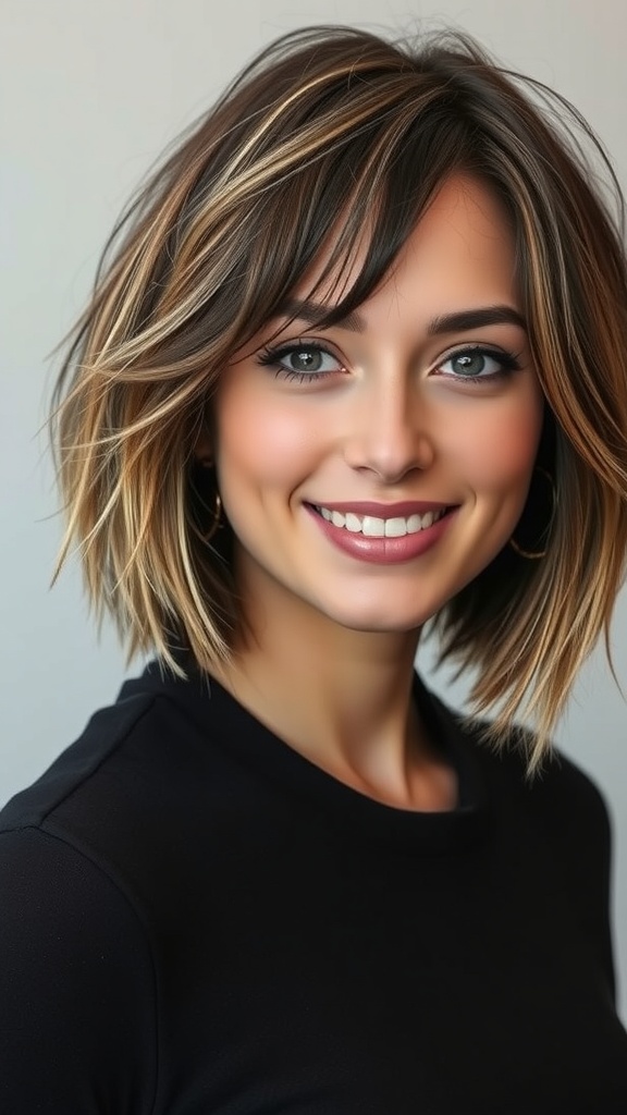 A woman with a choppy bob haircut featuring blonde highlights on dark hair, smiling at the camera.