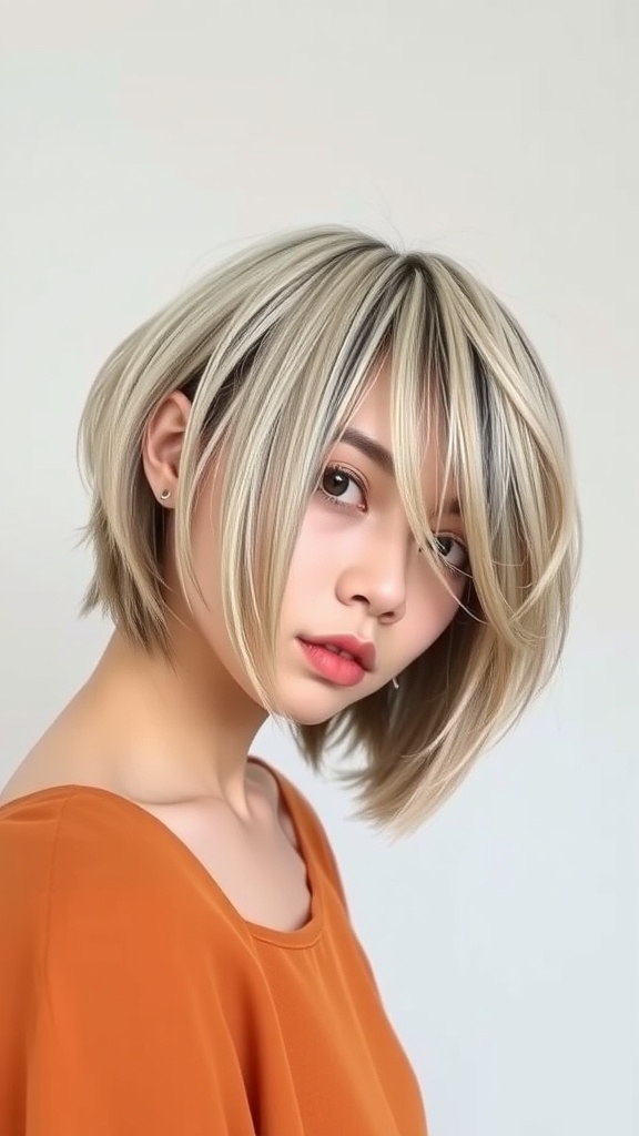 A stylish choppy bob haircut with subtle highlights, showcasing layers and texture.