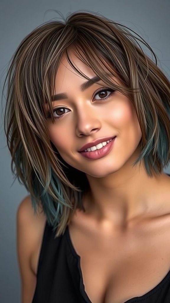 A woman with choppy brown layers and denim blue tips, smiling at the camera.