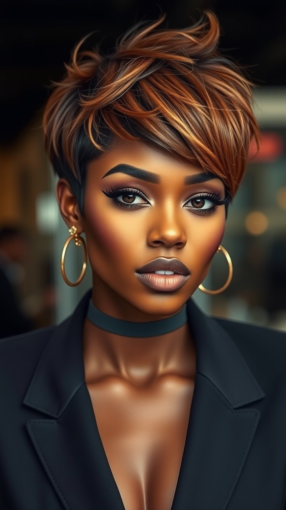 A woman with a choppy brown pixie cut featuring highlights, showcasing a confident look.