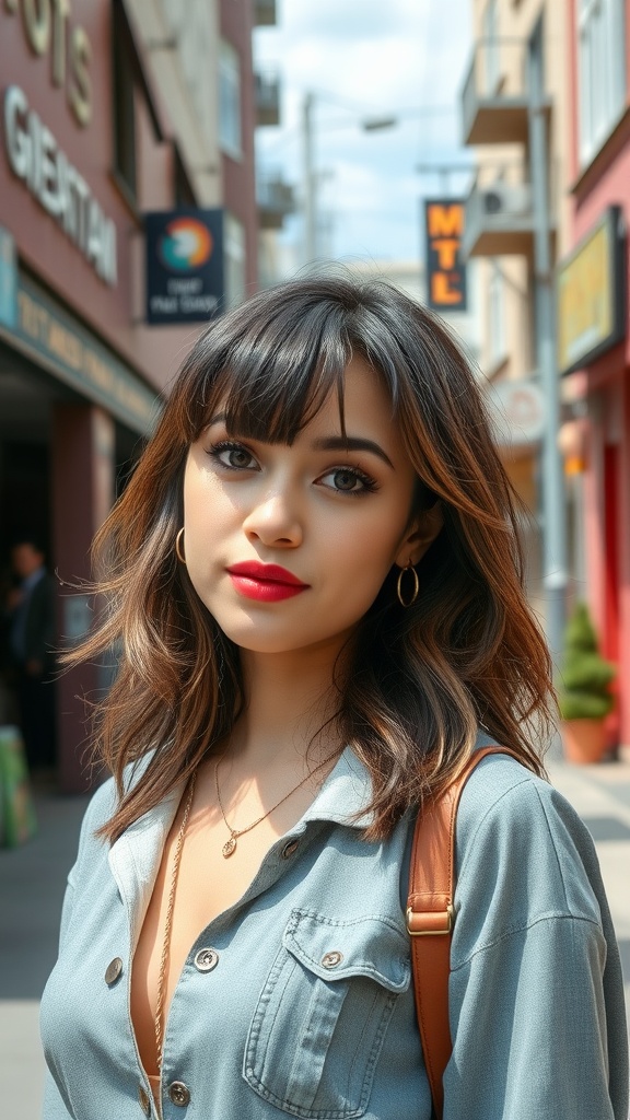 A woman with choppy layered hair and bangs, showcasing a trendy 90s style.