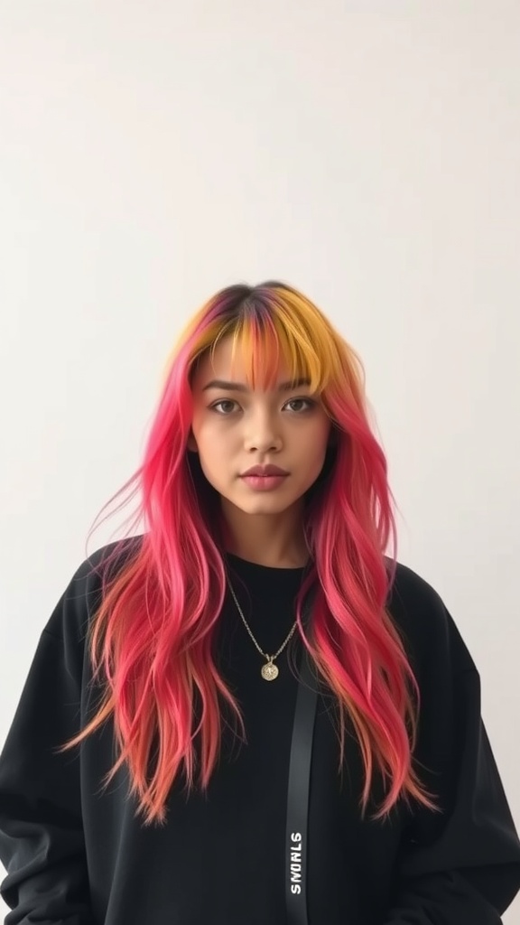 A person with choppy layered hair in vibrant pink and yellow colors, wearing a black sweatshirt.
