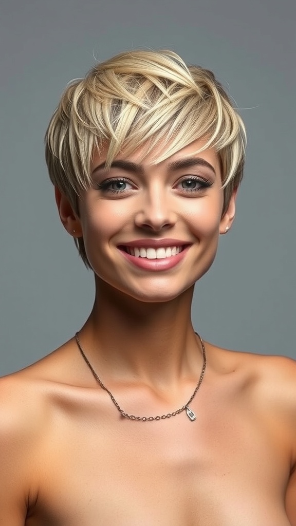 A woman with a choppy pixie cut featuring blonde balayage on brown hair, smiling confidently.