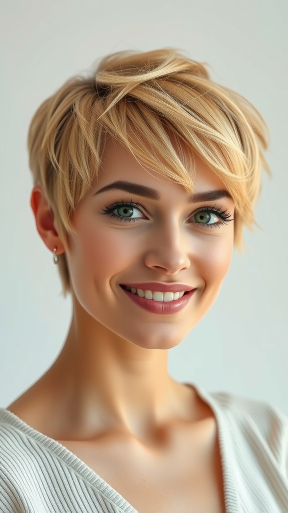 A woman with a choppy pixie haircut featuring blonde hair with subtle brown lowlights, smiling and looking stylish.