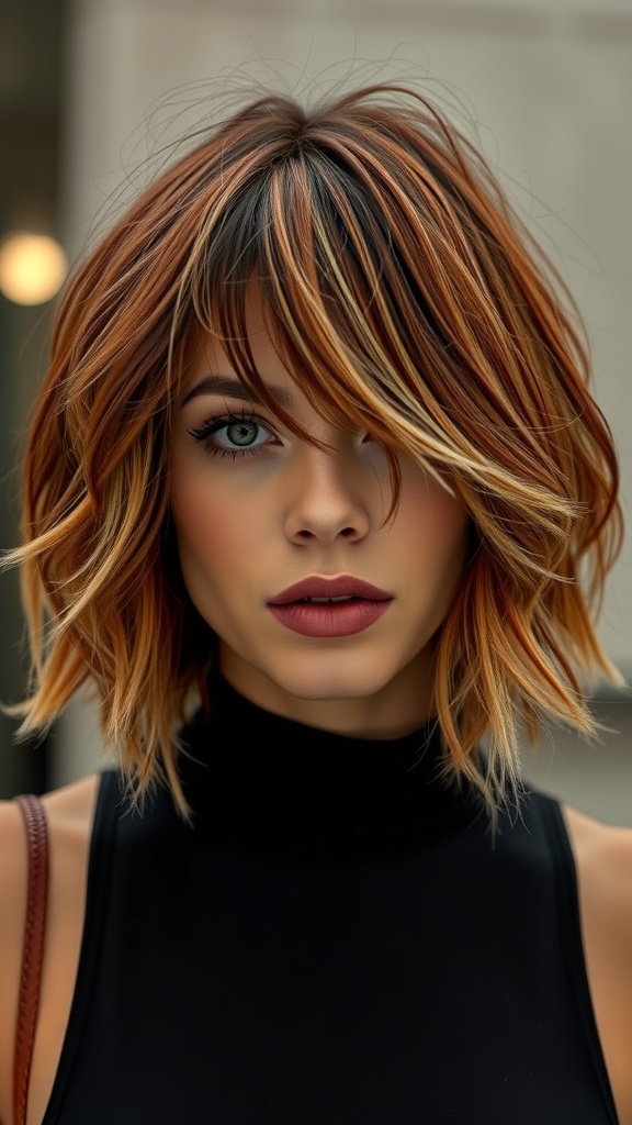 A woman with a choppy red blonde lob hairstyle featuring shadow roots and blonde highlights.