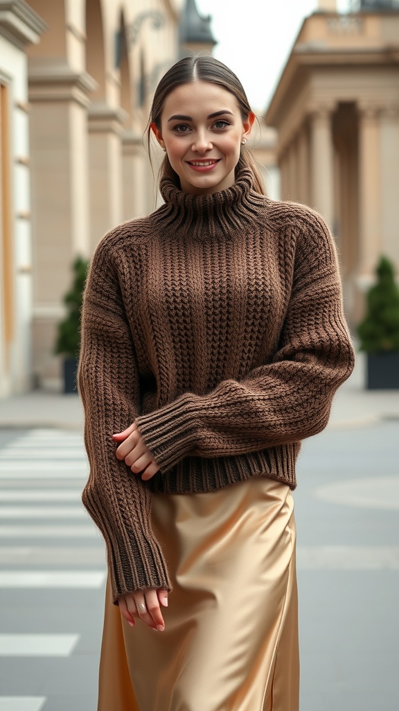 A woman smiling while wearing a chunky brown sweater and a satin maxi skirt, standing on a city street.