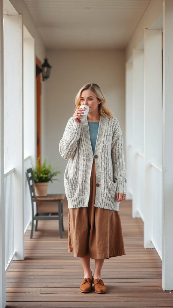 A woman wearing a chunky cardigan and a midi skirt, holding a cup of coffee, standing on a porch.