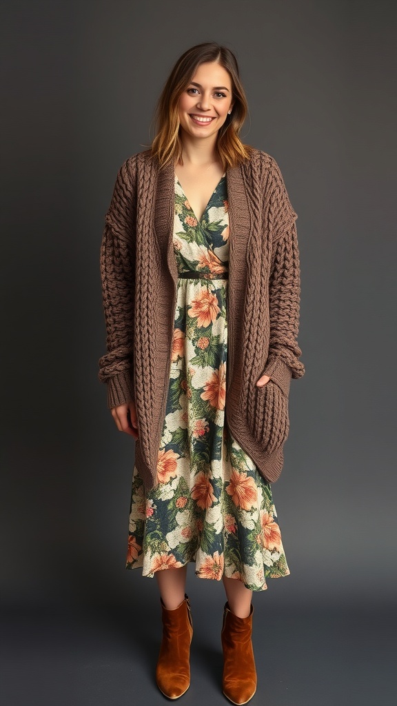 A woman wearing a chunky cardigan over a floral midi dress and brown booties, smiling against a neutral background.