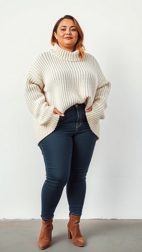 A plus-size woman wearing a chunky knit sweater with high-waisted jeans and ankle boots, showcasing a cozy fall outfit.