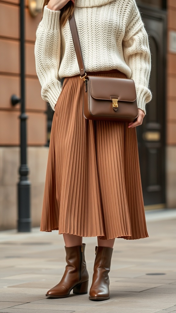 A woman wearing a chunky knit sweater and a pleated midi skirt, holding a brown handbag.