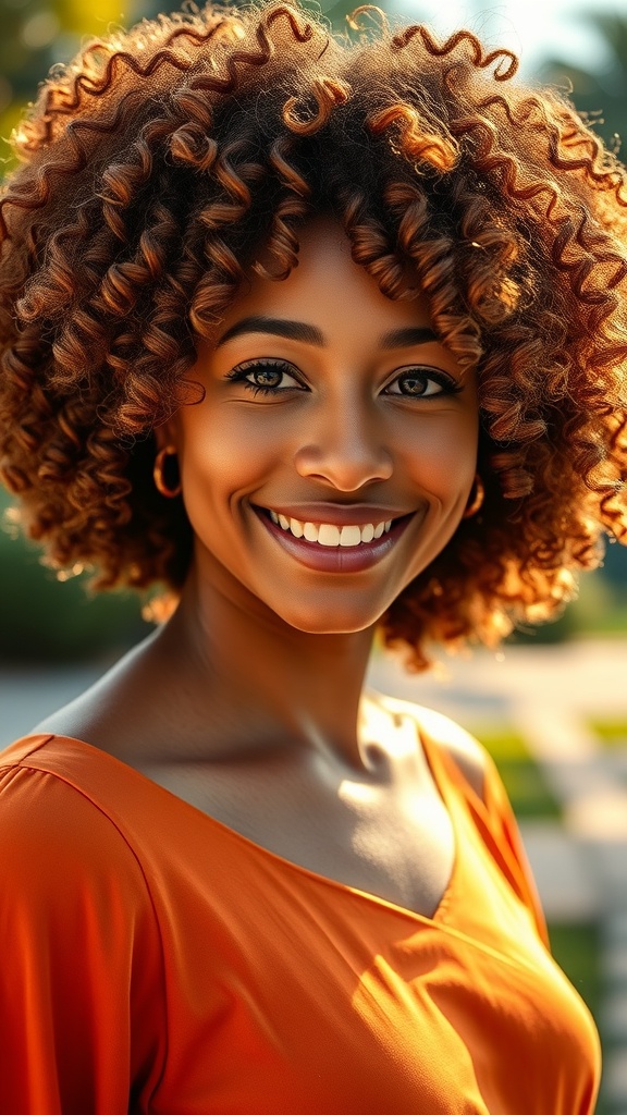 A woman with cinnamon-toned afro curls smiling brightly